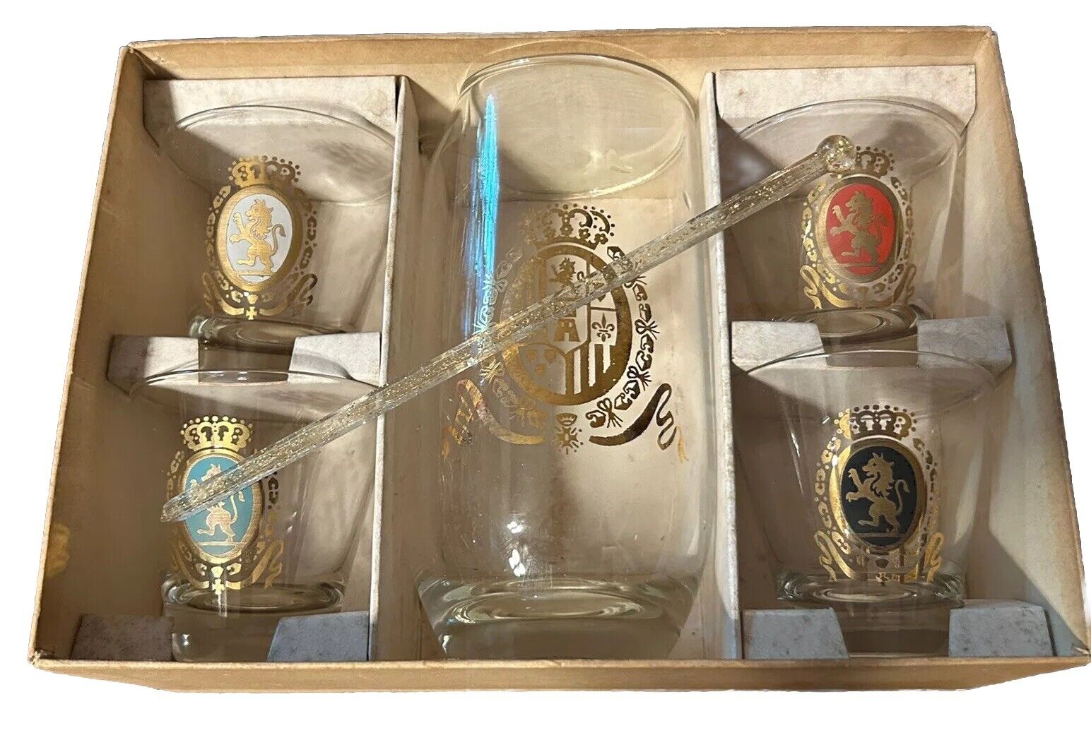 Vintage Federal Fine Glassware Cocktail Mixer Set 6 Pc Baronet Coat of Arms