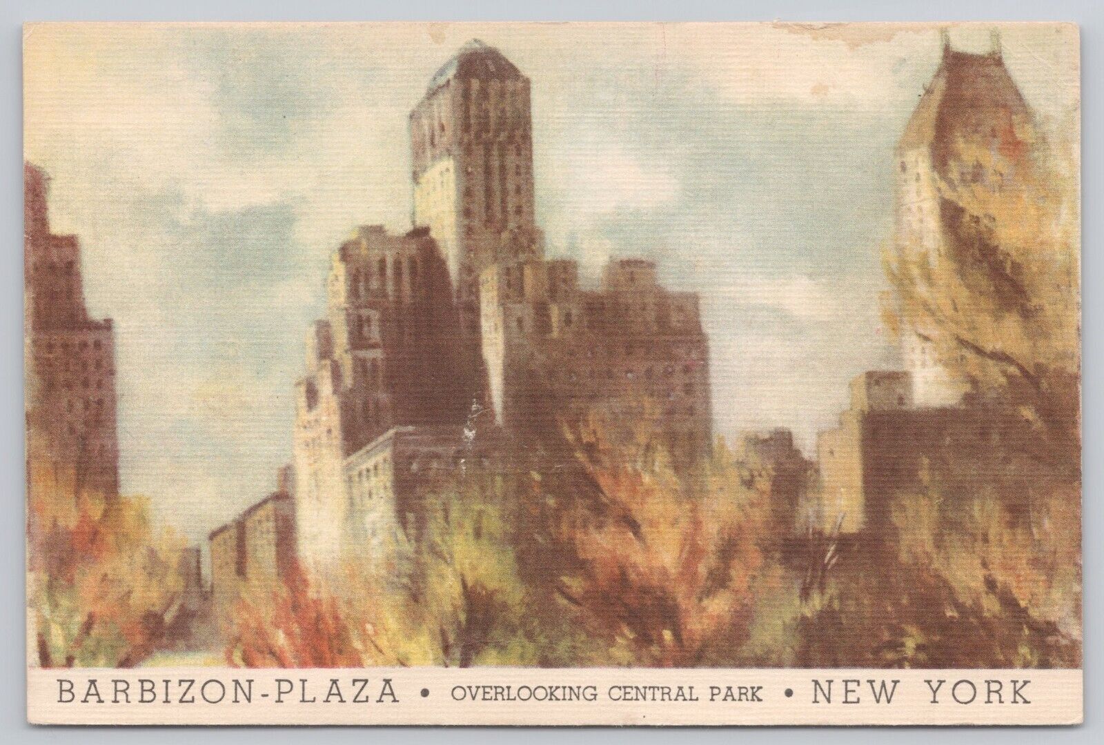 New York City NY, Barbizon Plaza Hotel Overlooking Central Park Vintage Postcard