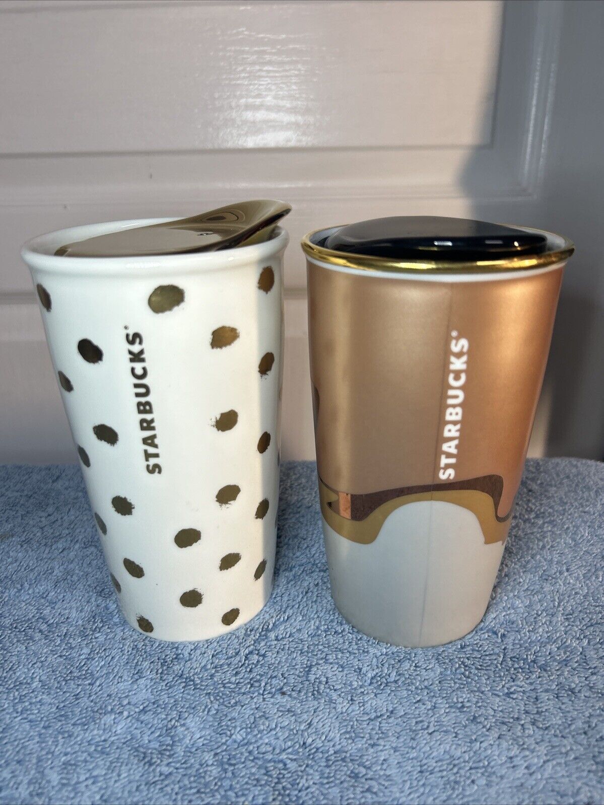 Starbucks 2018 Christmas Double Wall Abstract Wave & 10oz Gold Dot W/Ceramic Lid