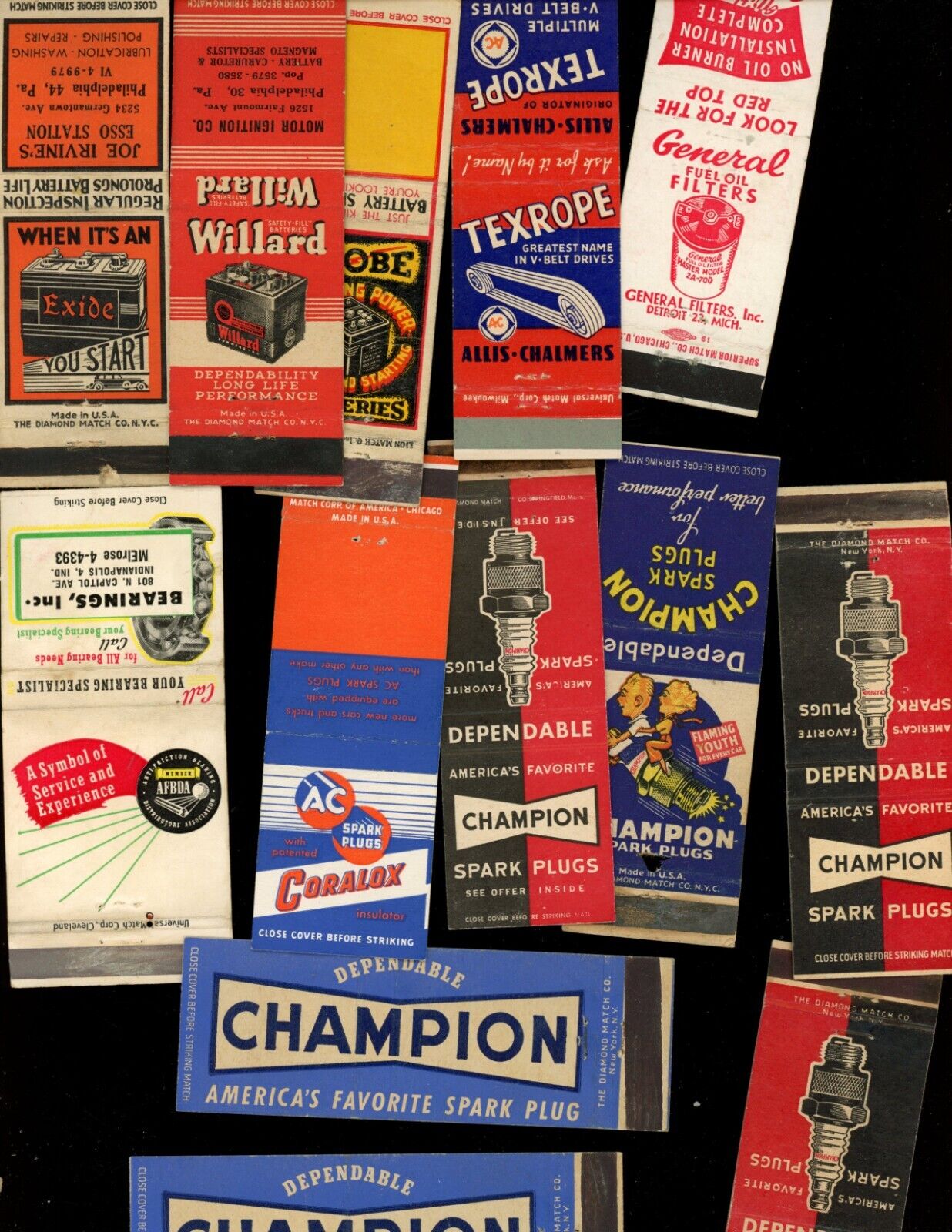 13 MATCHBOOK COVER  ADVERTISING CAR  BATTERY BEARING SPARK PLUGS etc