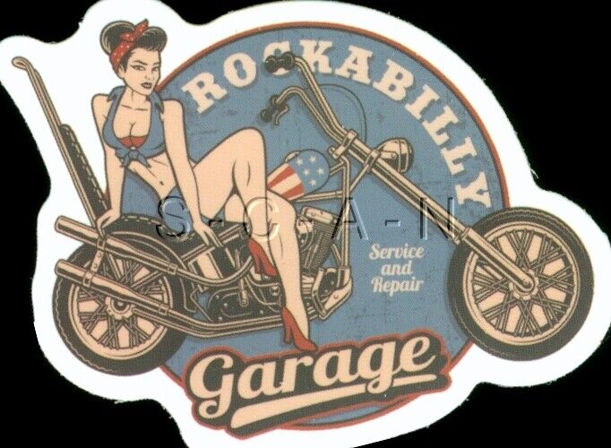 Semi Nude Color Pin Up Sticker- Woman- Motorcycle- Chopper- Rockabilly Garage