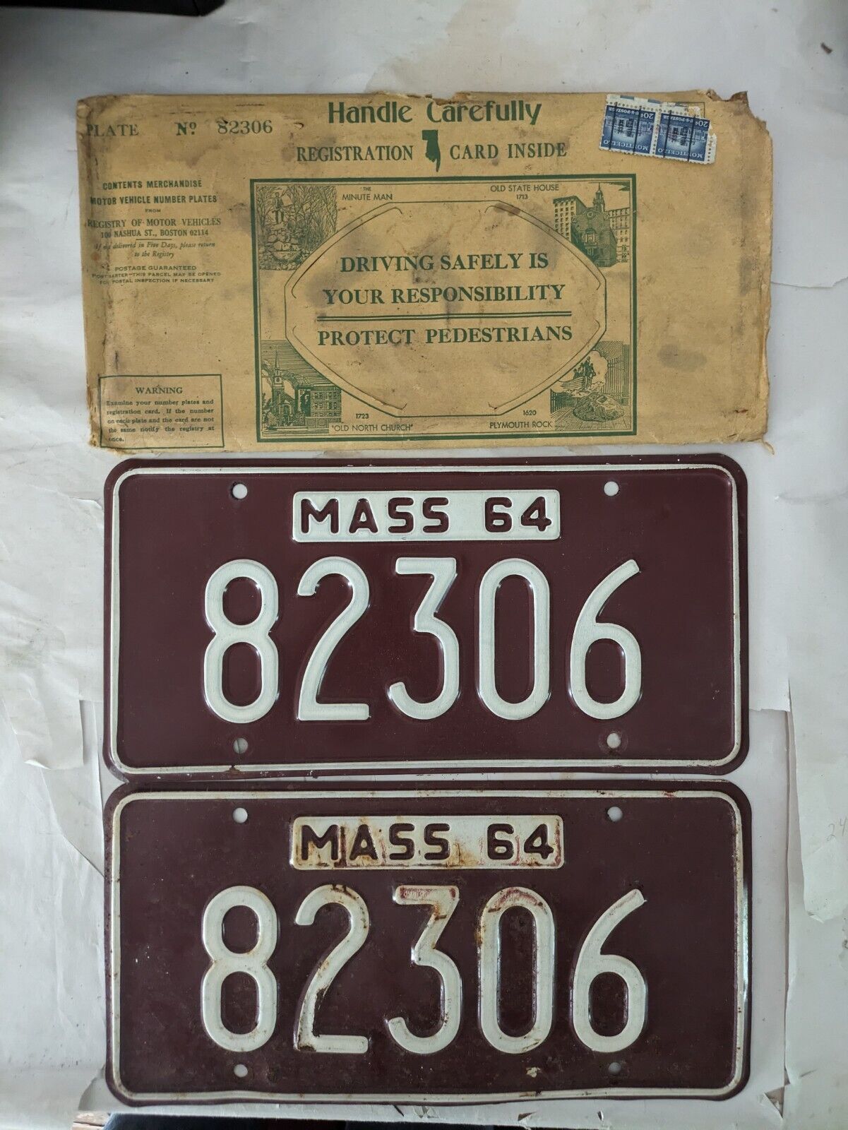 Set of 1964 MA License Plates 82306 Plate Envelope MASS Massachusetts