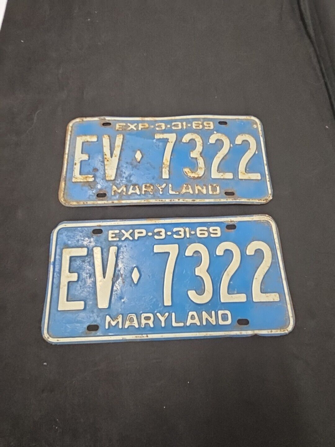 Pair Vintage 1969 Maryland License Plate Pair EV 7322