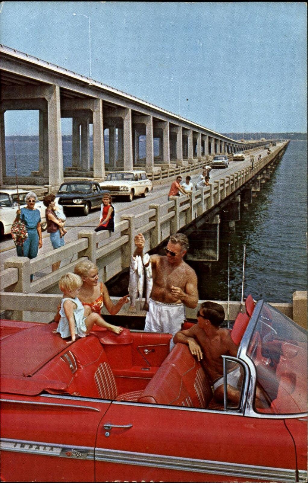 Pensacola Bay Bridge fishing pier Florida ~ Chevy Impala convertible ~ Corvair