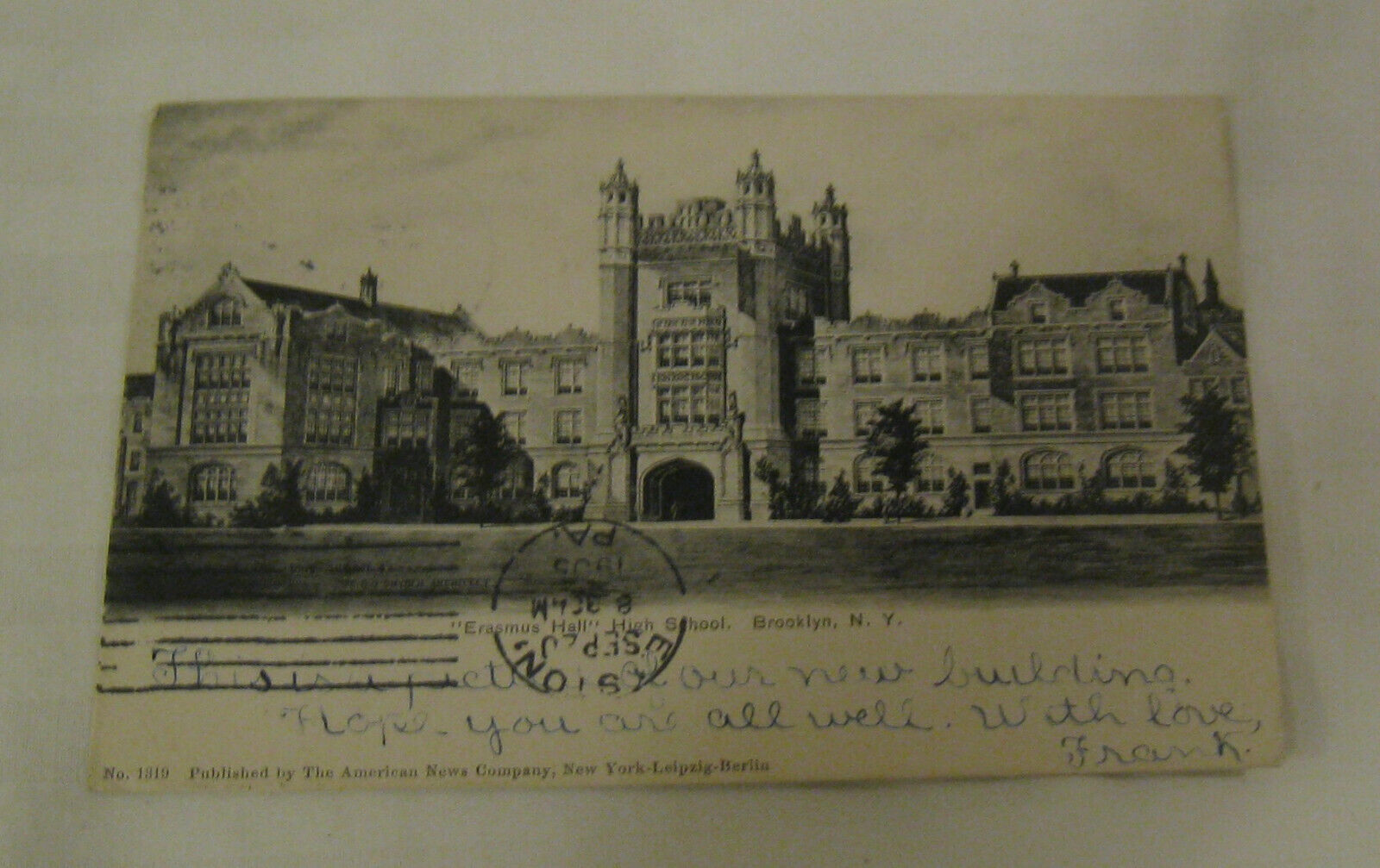 SCARCE 1905 BROOKLYN NY PHOTO POSTCARD “ERASMUS HALL HIGH SCHOOL” BROOKLYN postm