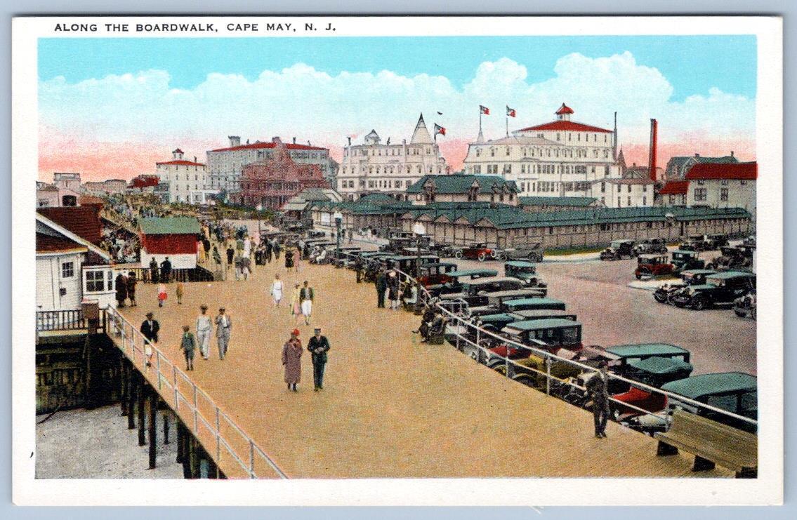1920-30's CAPE MAY NEW JERSEY NJ BOARDWALK ANTIQUE CARS HOTELS PEOPLE POSTCARD