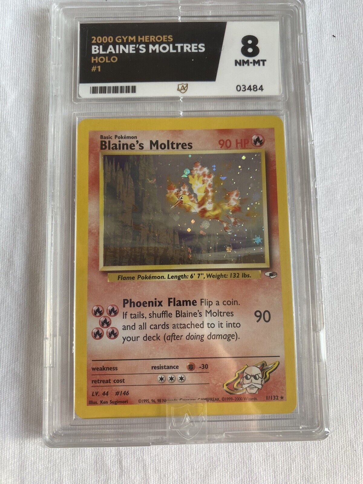 Pokemon Card Blaines Moltres 1/132 Holo  WOTC Gym Heroes Ace Graded 8