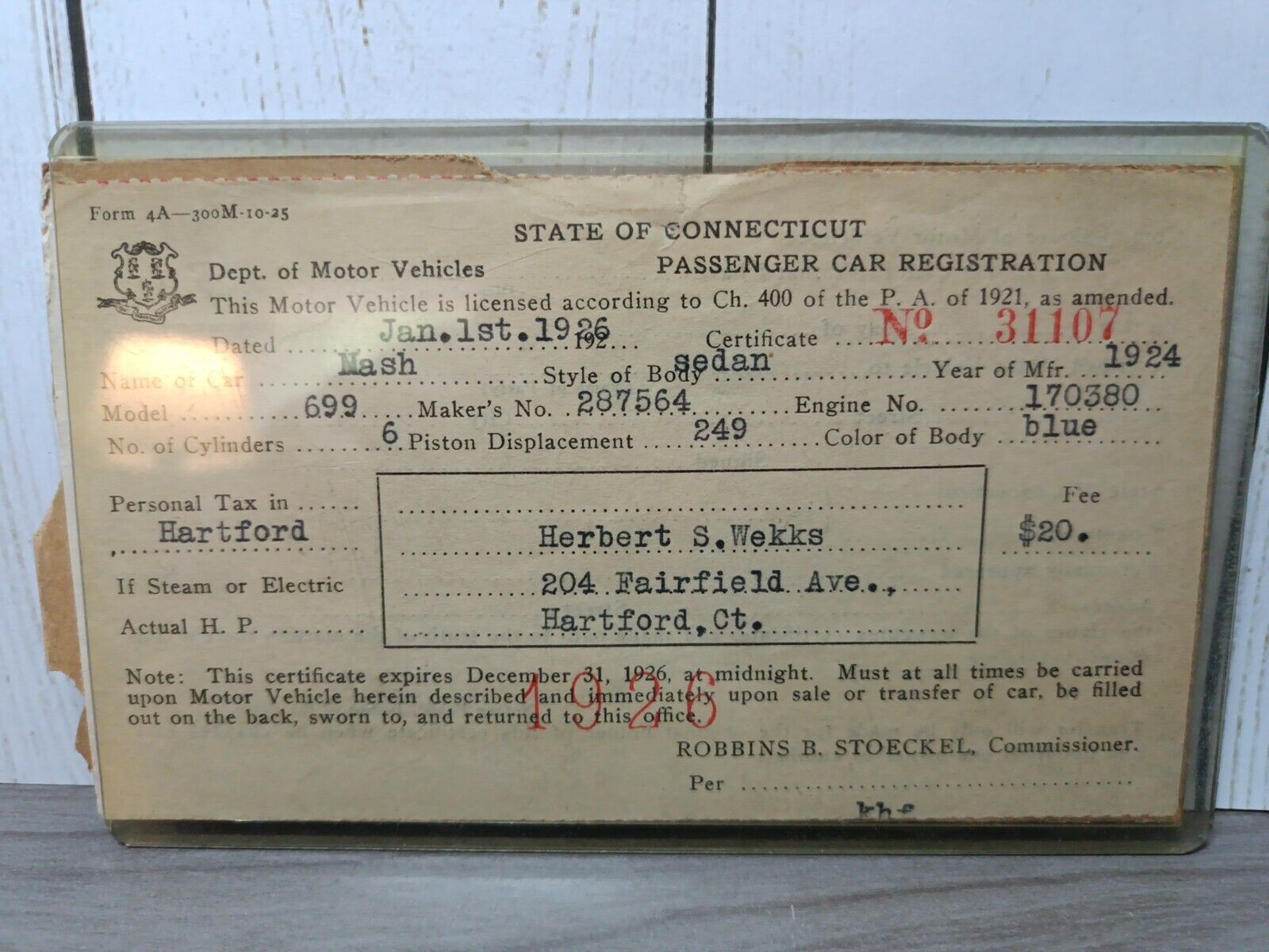 Vintage 1926 Connecticut Department Of Highways Registration License Hartford CT