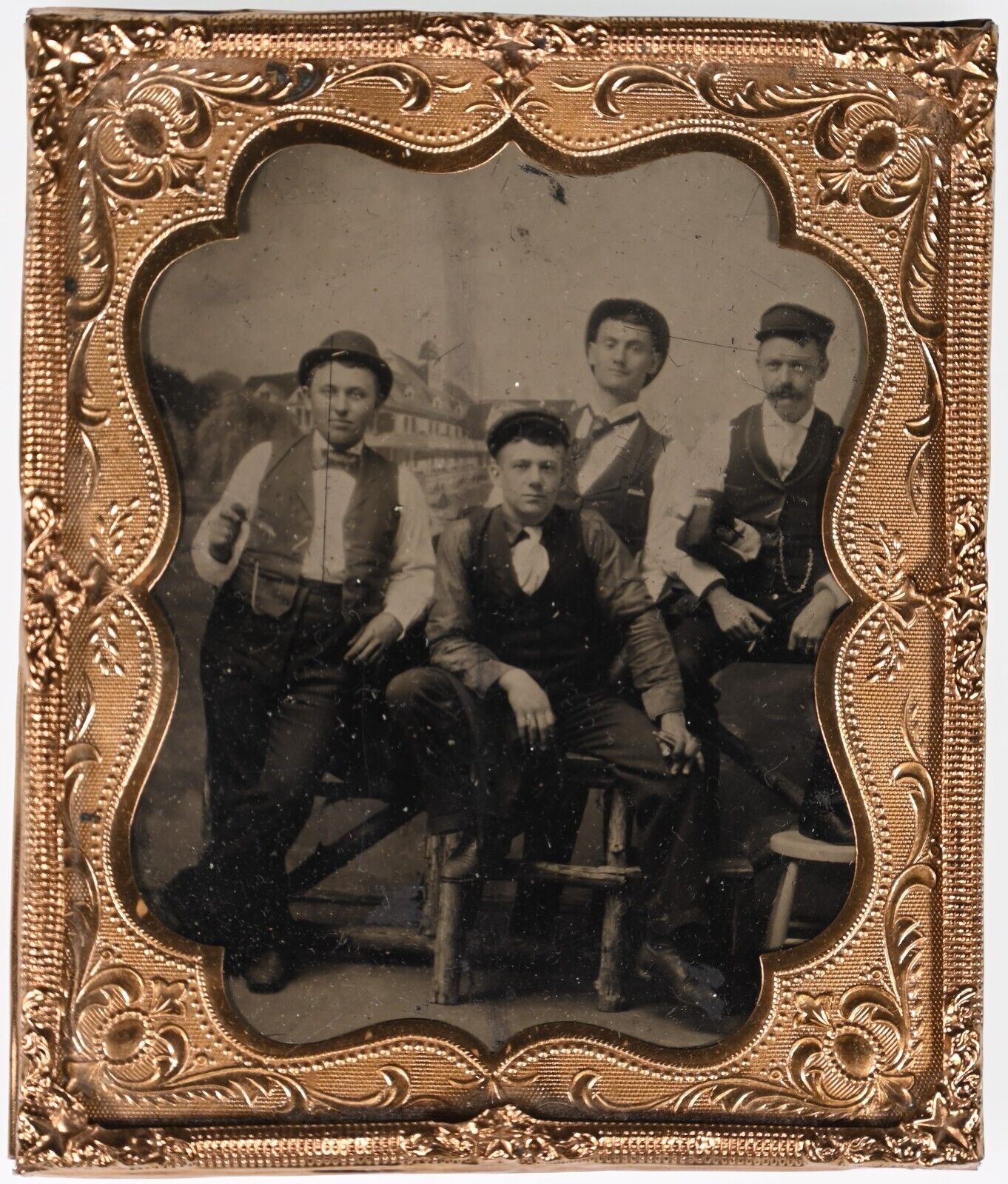 CIRCA 1870s 1/4TH PLATE CASED TINTYPE FOUR HANDSOME YOUNG MEN SMOKING TOBACCO