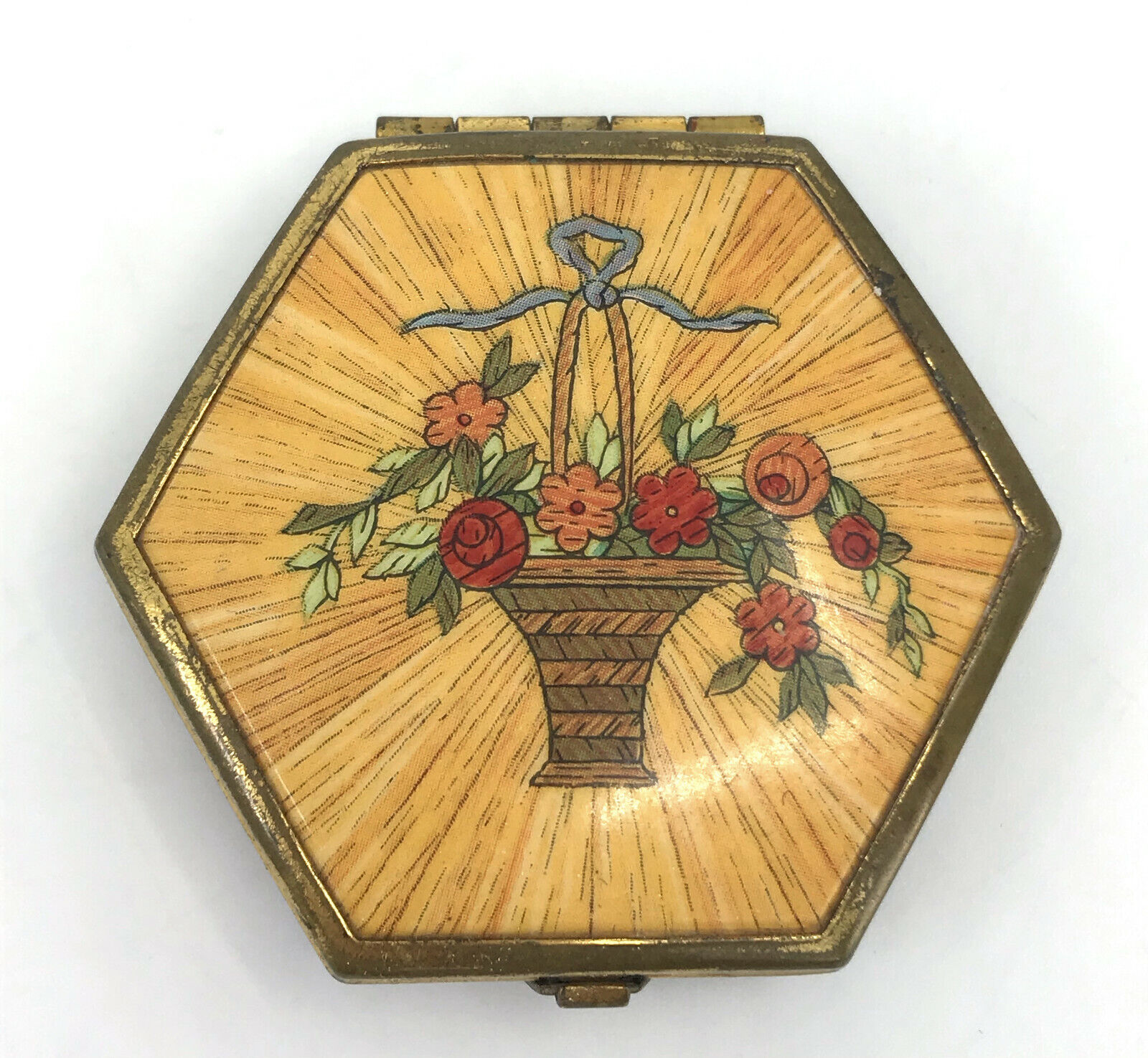 Houbigant Pressed Powder Compact Flower Basket Art Deco 1930s Signed Puff Vtg