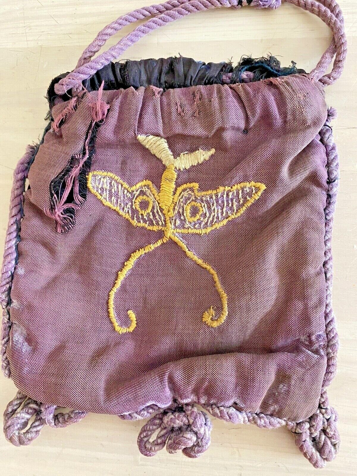 Antique Tefillin Bag Hand Embroidered Purple Brown Silk Star of David Butterfly