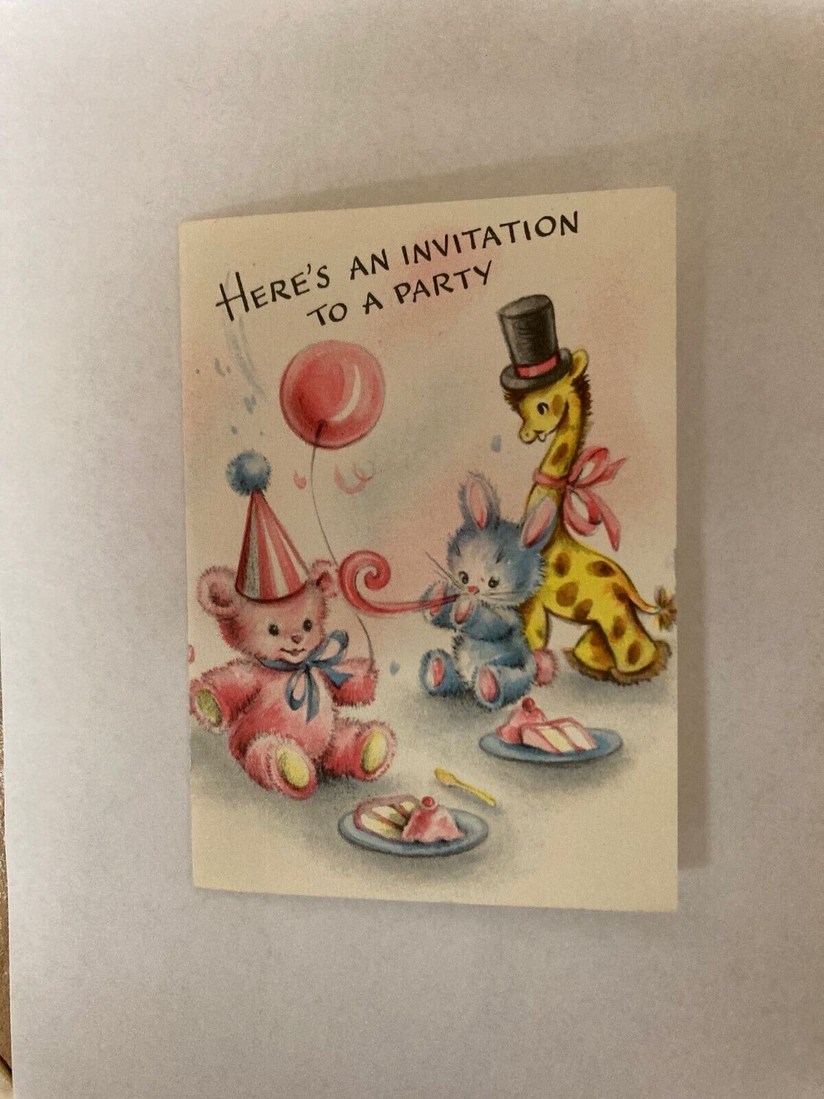 VTG EARLY 1950\'S HALLMARK PARTY INVITATION CUTE ANIMALS, BALLOONS & CAKE USED
