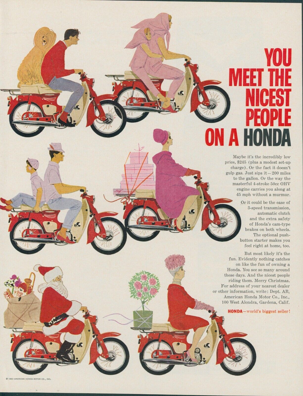 1963 Honda 50 Motorcycle Scooter Santa Claus Afghan Hound Dog Print Ad LO5