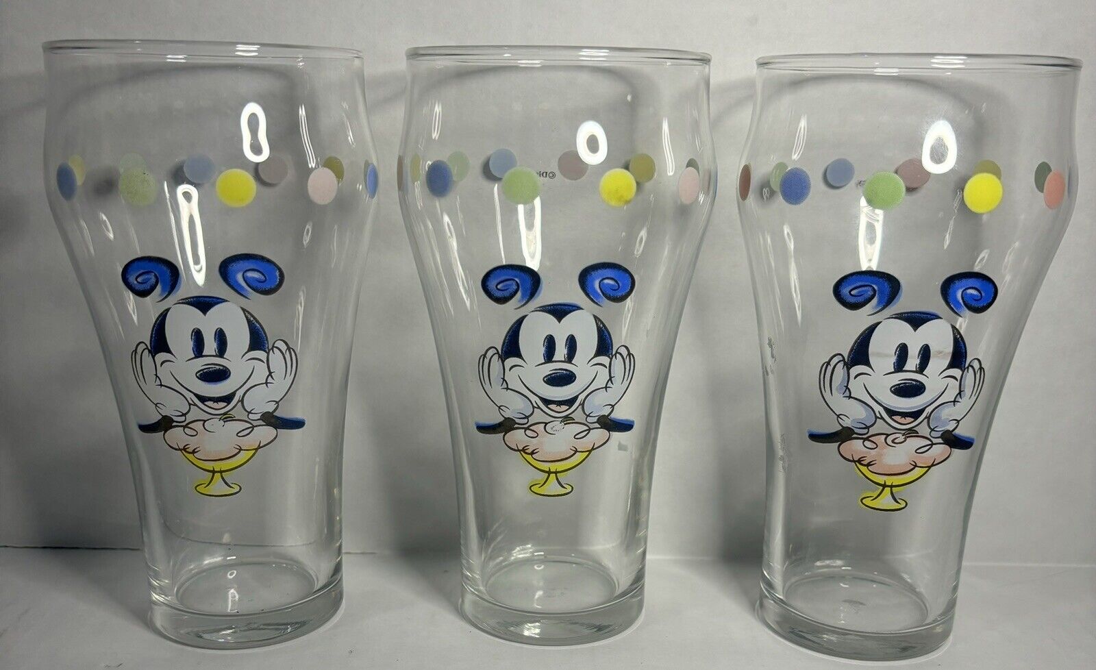 Disney Mickey Mouse Ice Cream Float Soda Drinking Glass Made USA Set 3 Vintage