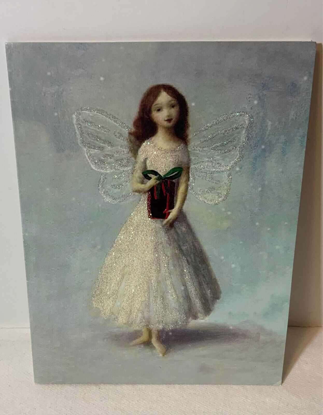 2005 Artworks Christmas Card Beautiful Angel Glittery White Dress Red Foil Gift