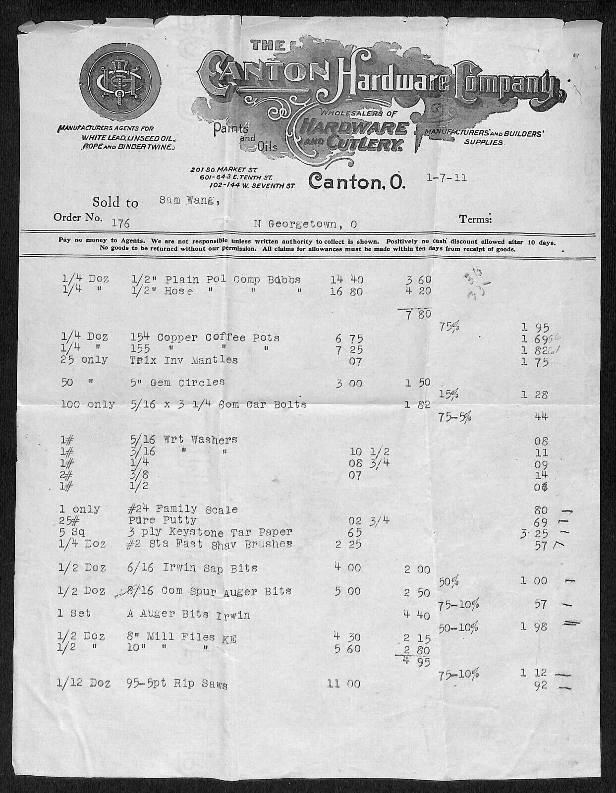Canton Hardware Co. Ohio 1911 Billhead Samuel Wang* N. Georgetown, OH