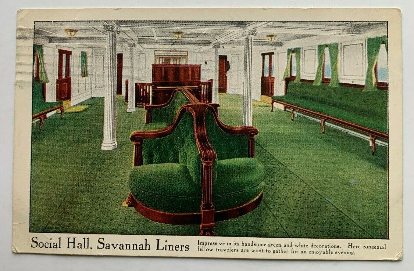 1913 Ship Postcard Savannah Line Steamship Ocean Liner Social Hall interior view