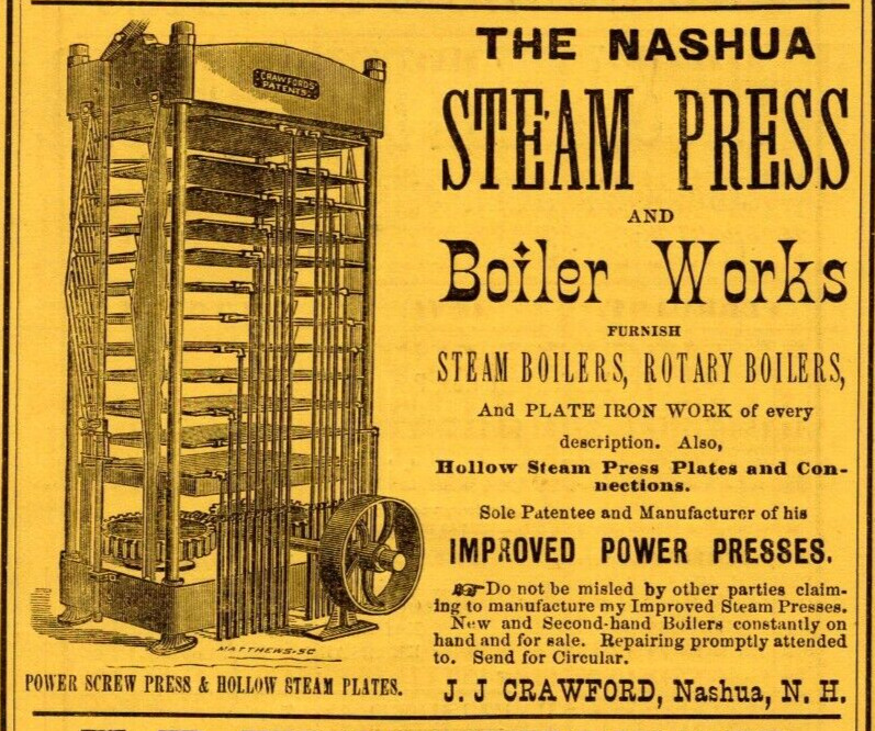 1875 The Nashua Steam Press and Boiler Works Steam & Rotary Boilers JJ Crawford