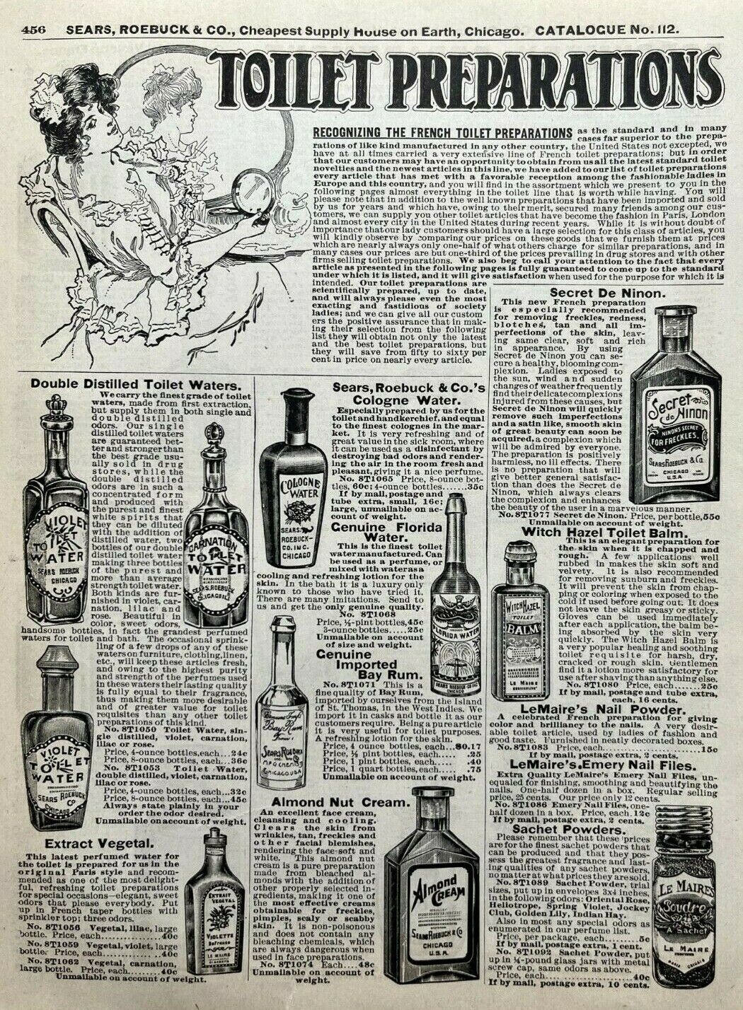 1902 Antique Toilet Water Perfume Bottle Art Sears Catalog Page Print Ad