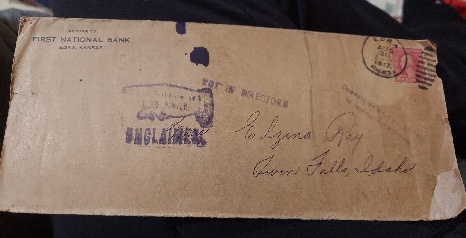EDNA KANSAS FIRST NATIONAL BANK envelope with ledger inside flap 1917