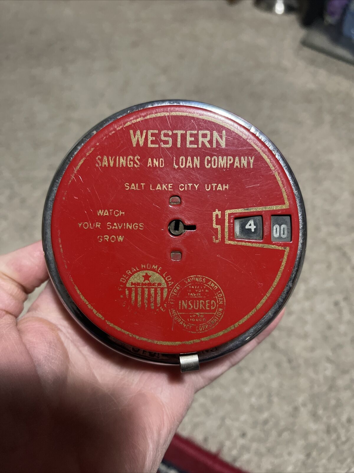Vtg Red Coin Bank Western Savings & Loan Salt Lake City Ut Stainless Steel 1940s