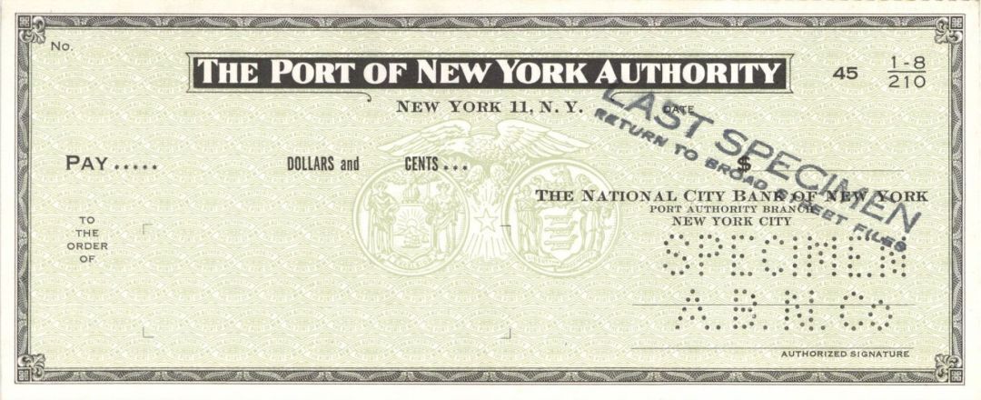 Port of New York Authority - American Bank Note Company Specimen Checks - Americ