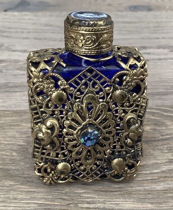 Miniature Blue Square, Decorated Perfume Bottle Ornate Brass Mounts Paste Jewels