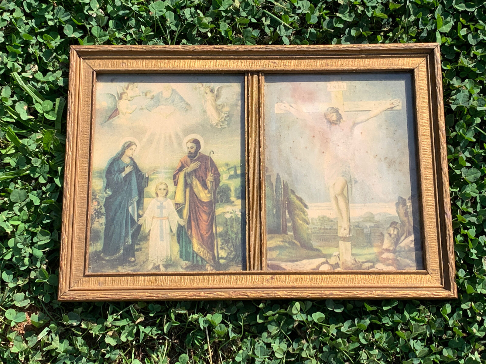 Vintage INRI Catholic JESUS on CROSS Mary Joseph Double 1950\'s Wall Art ❤️sj4j2