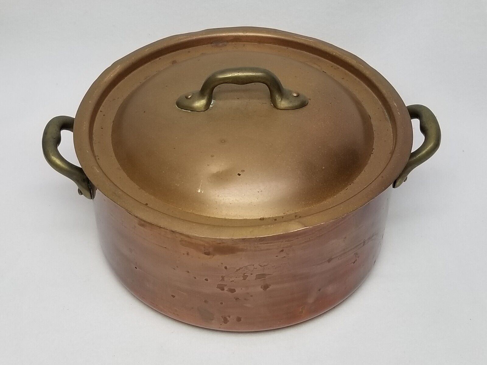 Old Vintage Thick Heavy Copper & Tin Lined French Stock Pot  8” Diameter 4” Tall