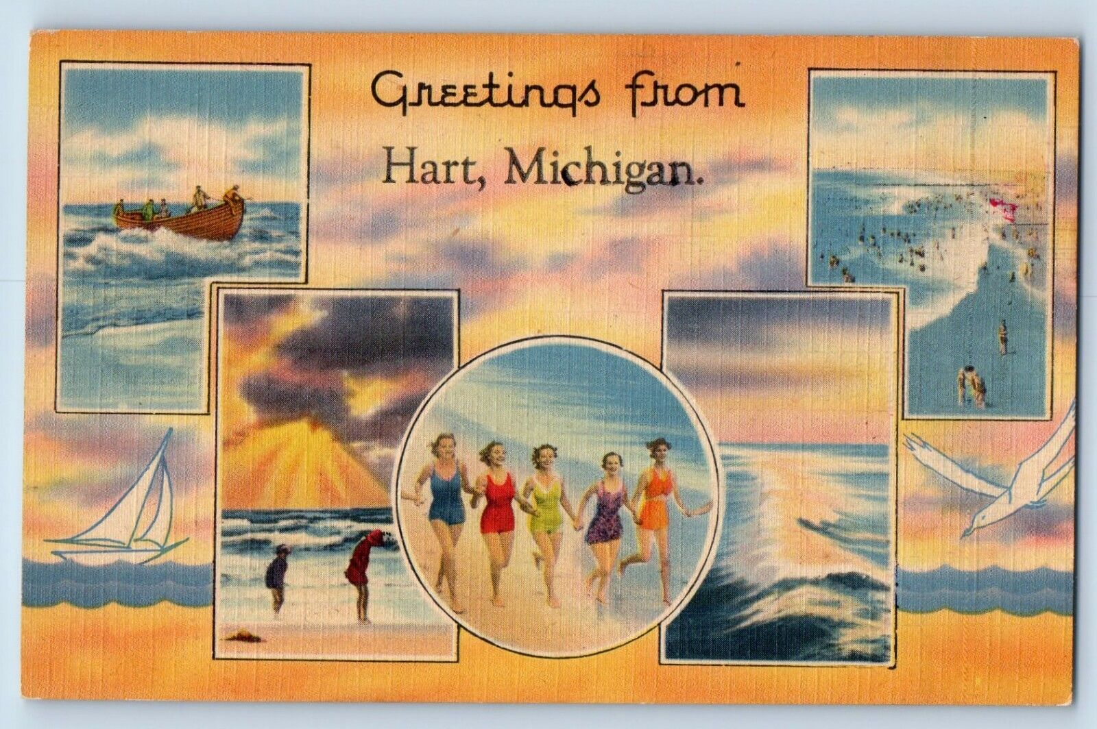 Hart Michigan MI Postcard Greetings Beach Sea Multiview 1940 Vintage Unposted