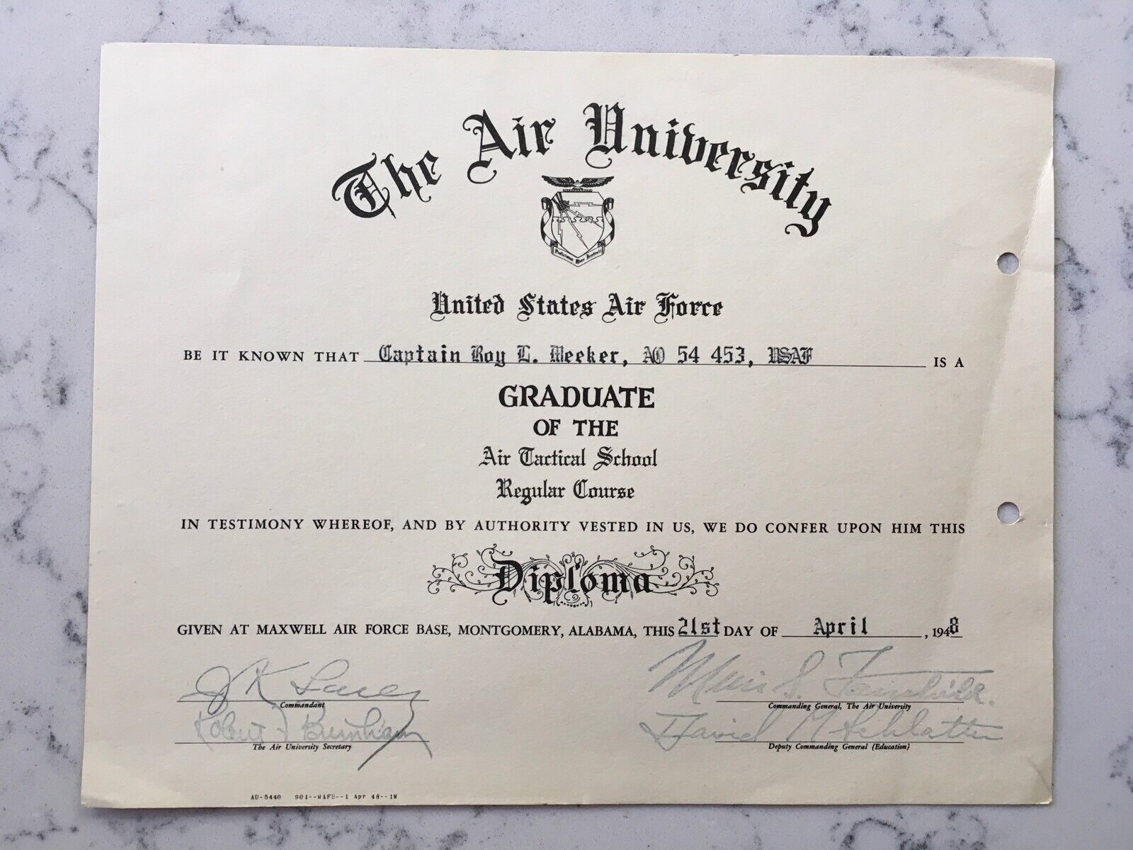 POST WW2 UNITED STATES AIR FORCE AIR UNIVERSITY AIR TACTICAL SCHOOL DIPLOMA 1948