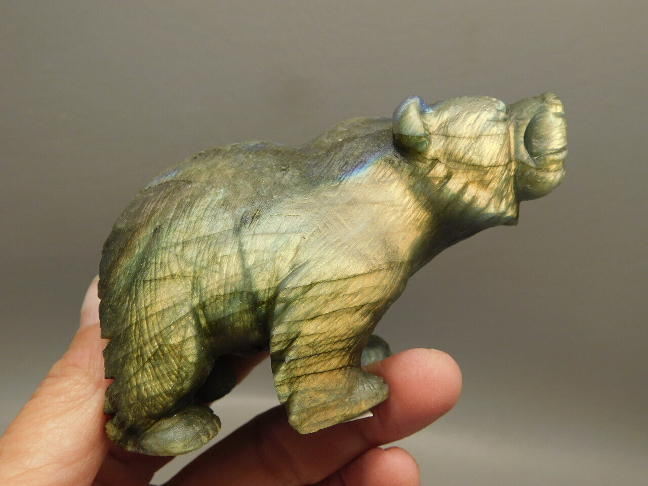 Bear Figurine Labradorite 3.6 inch Animal Stone Carving #O58