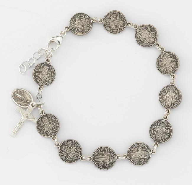 Beautiful Saint Benedict Round Sterling Silver Rosary Bracelet 10mm