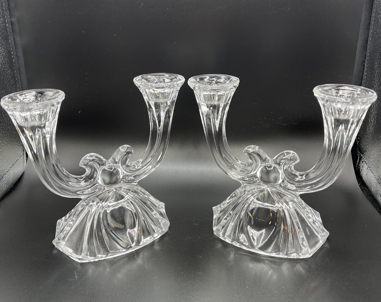 Vintage Double Taper Crystal Candle Holders Art Deco Clear Glass MCM 5.25” Pair
