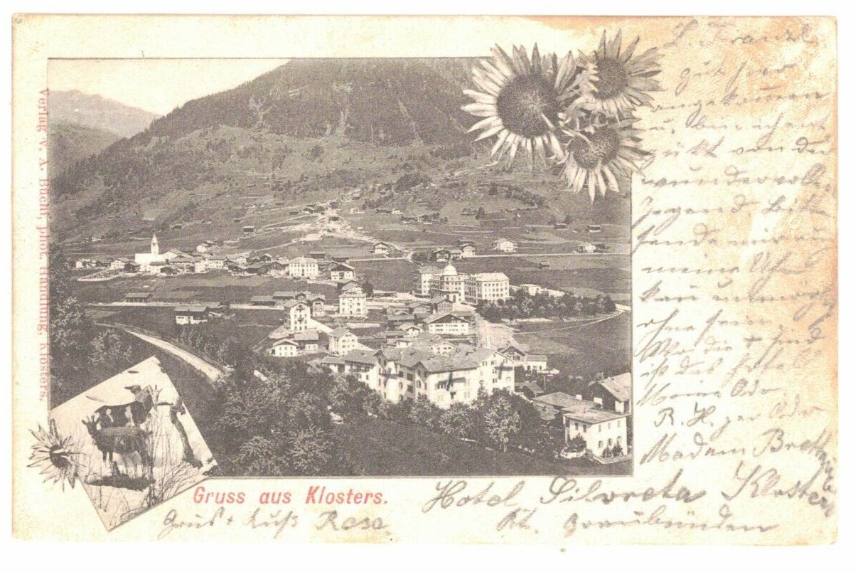 1903 PC: Gruss aus Klosters, Switzerland – Panoramic View – with Stamp
