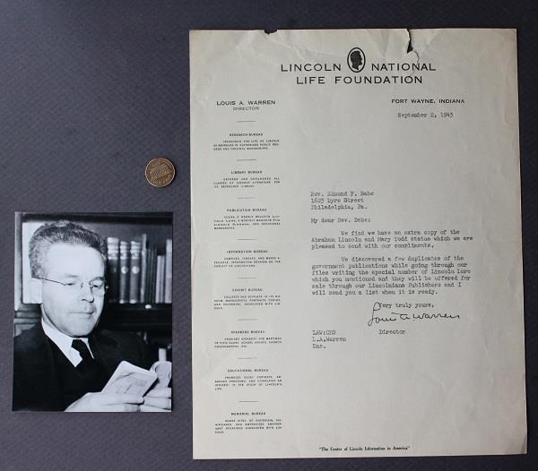 1943 Fort Wayne Indiana Abraham Lincoln Scholar Louis A. Warren signed letter --