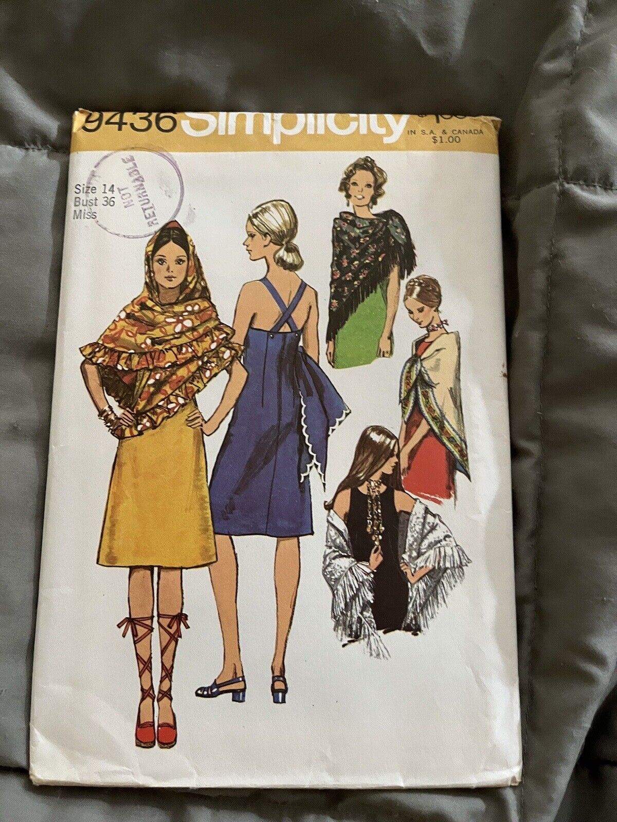 Simplicity 9436 Vintage 1971 Sewing Pattern Shawl and dress Miss Sz 14 Uncut