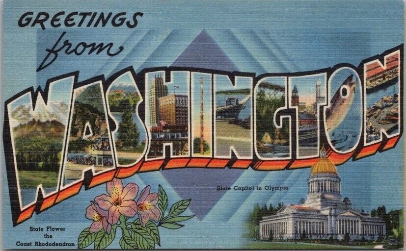c1940s WASHINGTON Large Letter Postcard State Capitol & Flower - Tichnor LINEN