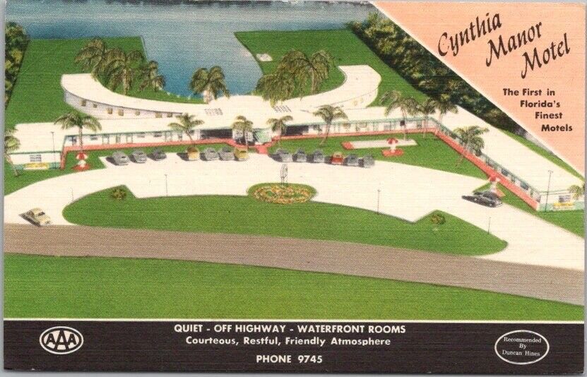 Fort Lauderdale, Florida Postcard CYNTHIA MANOR MOTEL Highway 1 Roadside c1950s