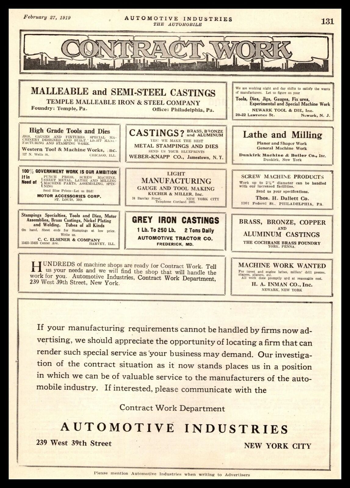 1919 Temple PA Malleable Iron & Steel Co. Semi-Steel Castings Vintage Print Ad