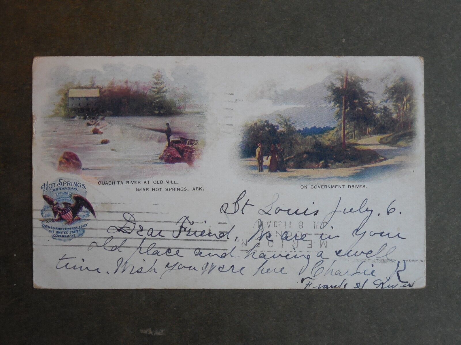 Postcard K38369  Hot Springs, AR  Ouachita River and Government Drive  c-1901-07