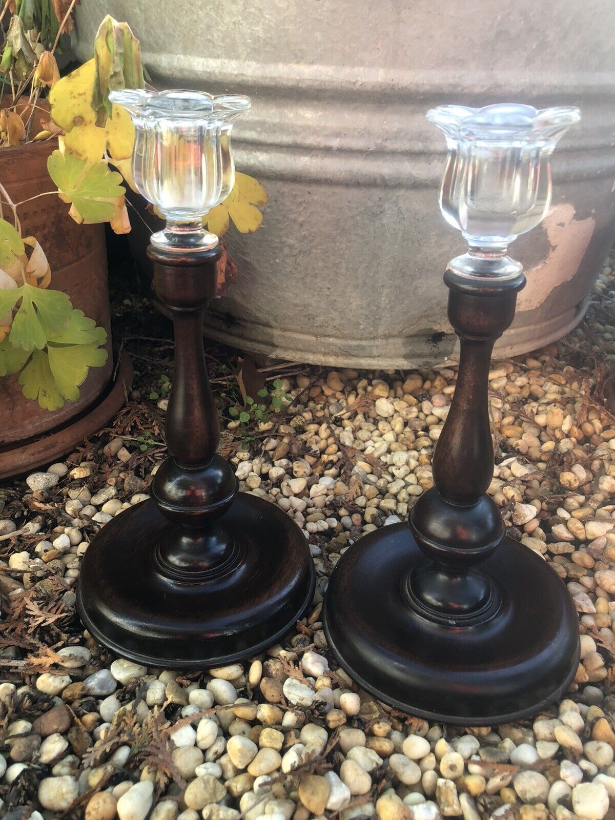 RARE Antique Pair Wood Turned Candle Holders With Glass Fostoria Socket 3”