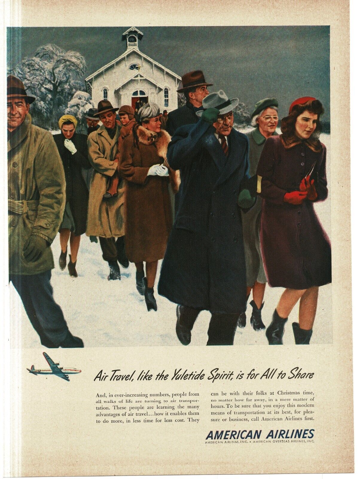 1946 American Airlines Christmas Message churchgoers art Vintage Print Ad