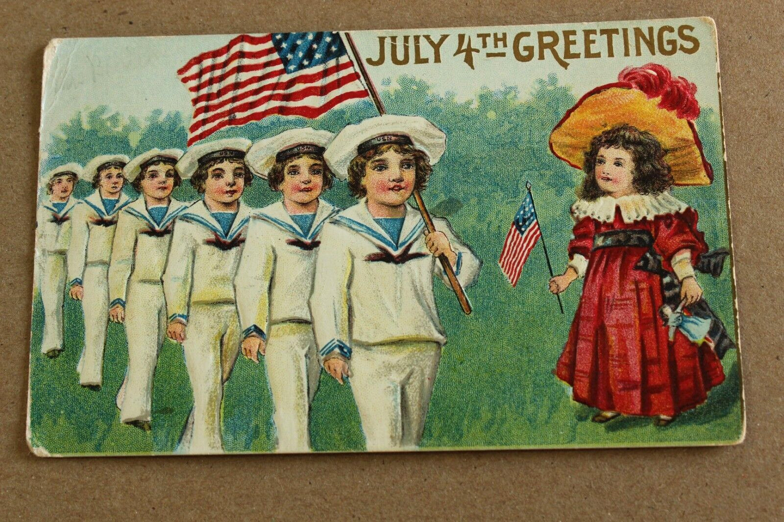 Antique Postcard July 4th Greetings Embossed - Children in Uniform Waving Flag