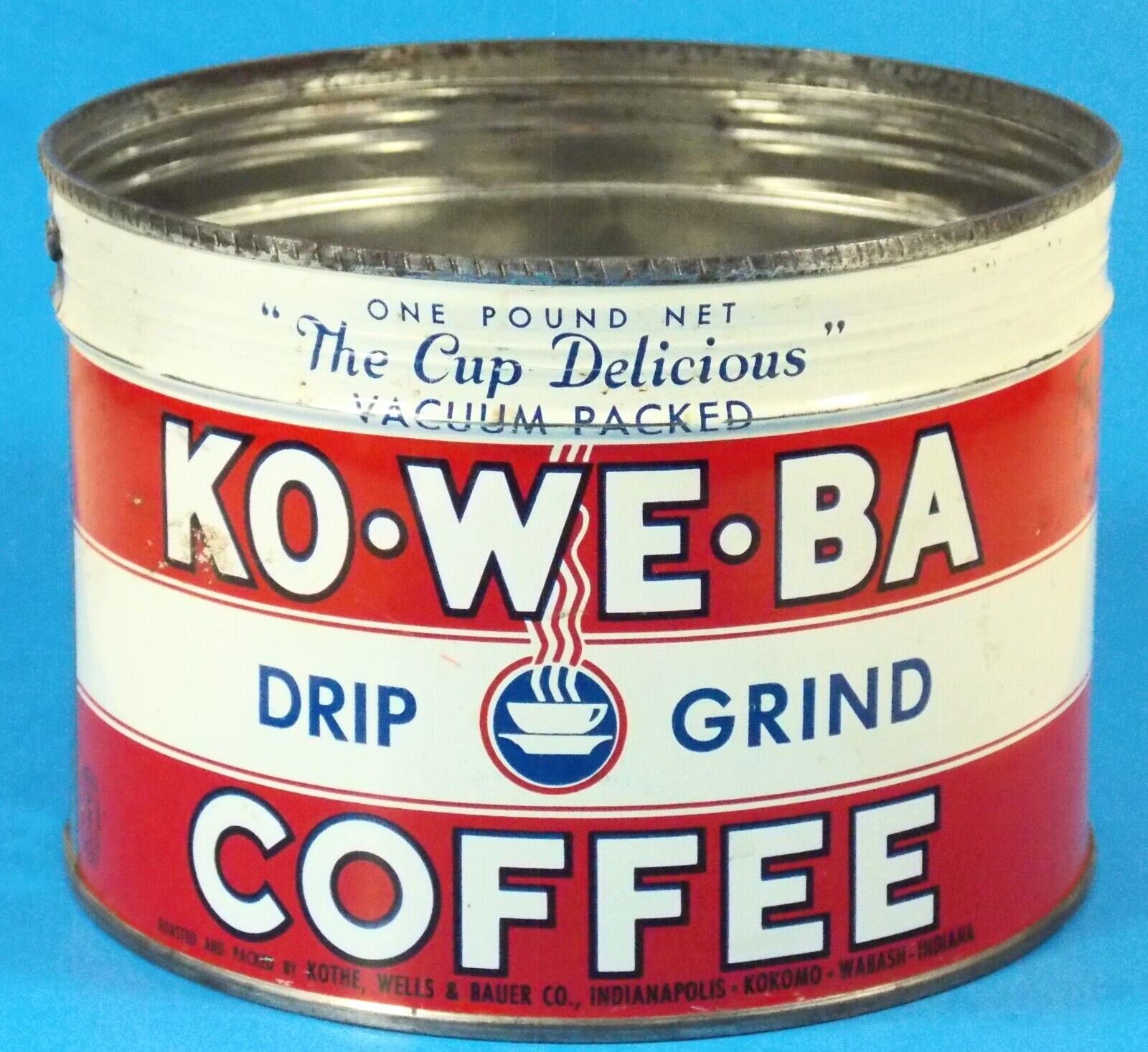 Rare Vintage Ko-We-Ba 1 Lb. Coffee Tin No Lid Wabash, Kokomo, Indianapolis Ind.