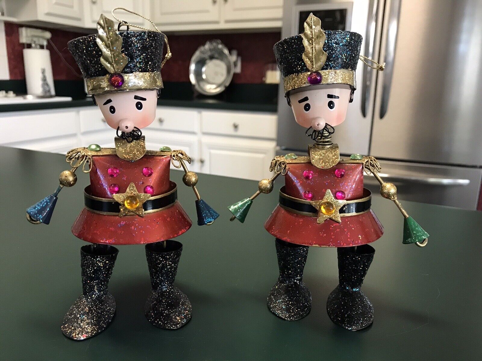 Nutcracker Toy Soldier Bobblehead Christmas Ornaments Set Of 2 Metal Large 6.75\