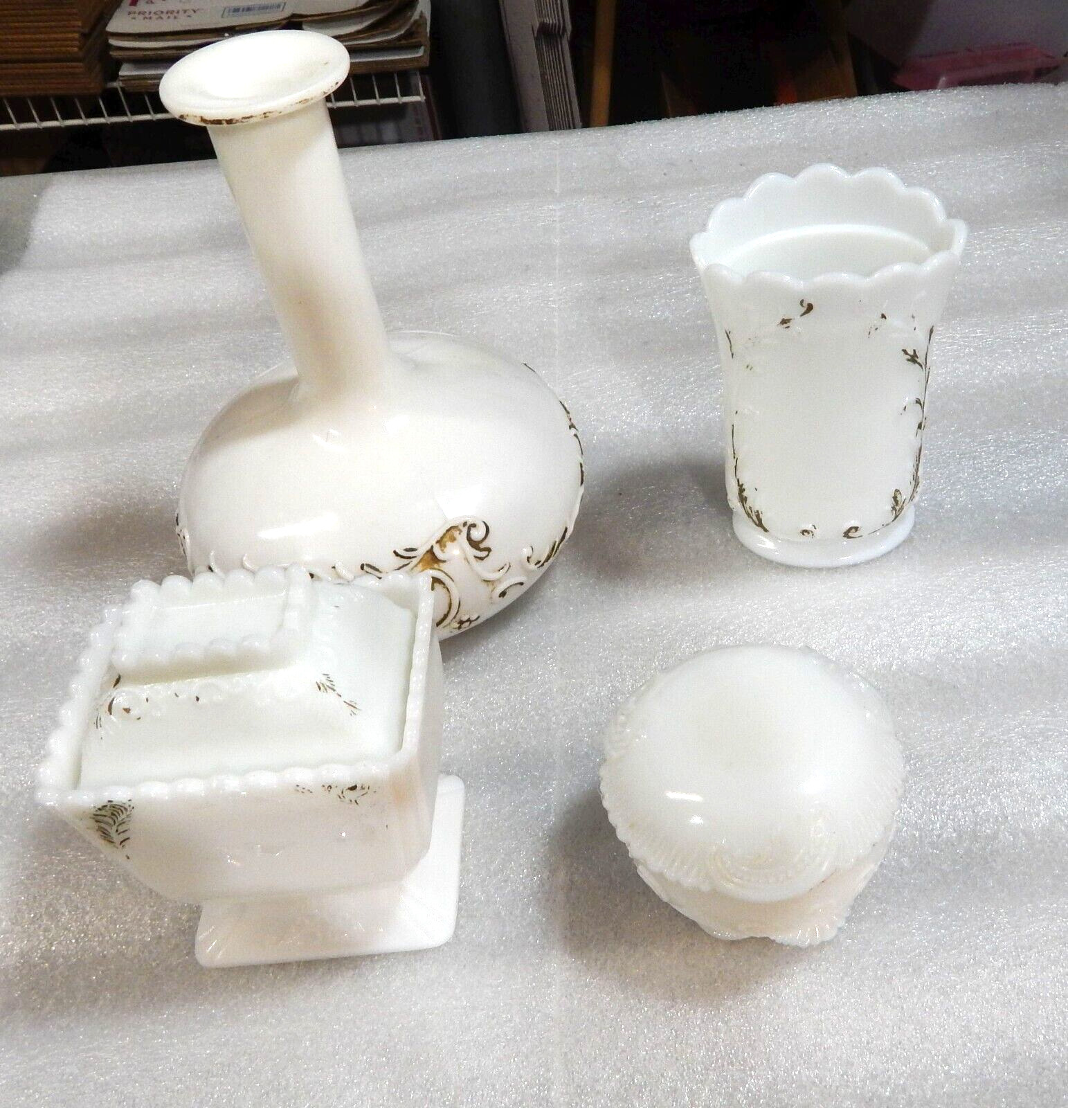 Antique 4 Pc Dithridge White Milk Glass Bottle Jar Vanity Box 1880s Victorian