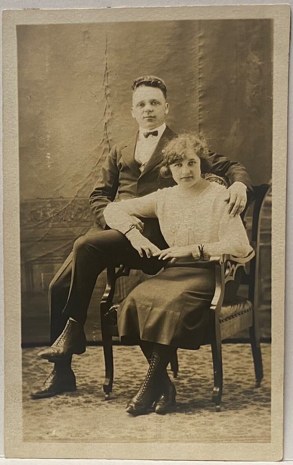 Studio Real Photo Postcard RPPC~Very Young Couple Sitting on One Chair