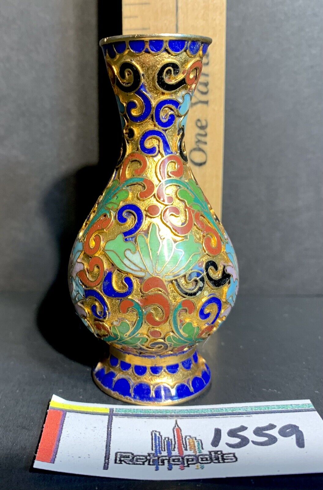 Miniature Vtg Vase Brass Cloisonné Enamel Gilding Floral Handcrafted