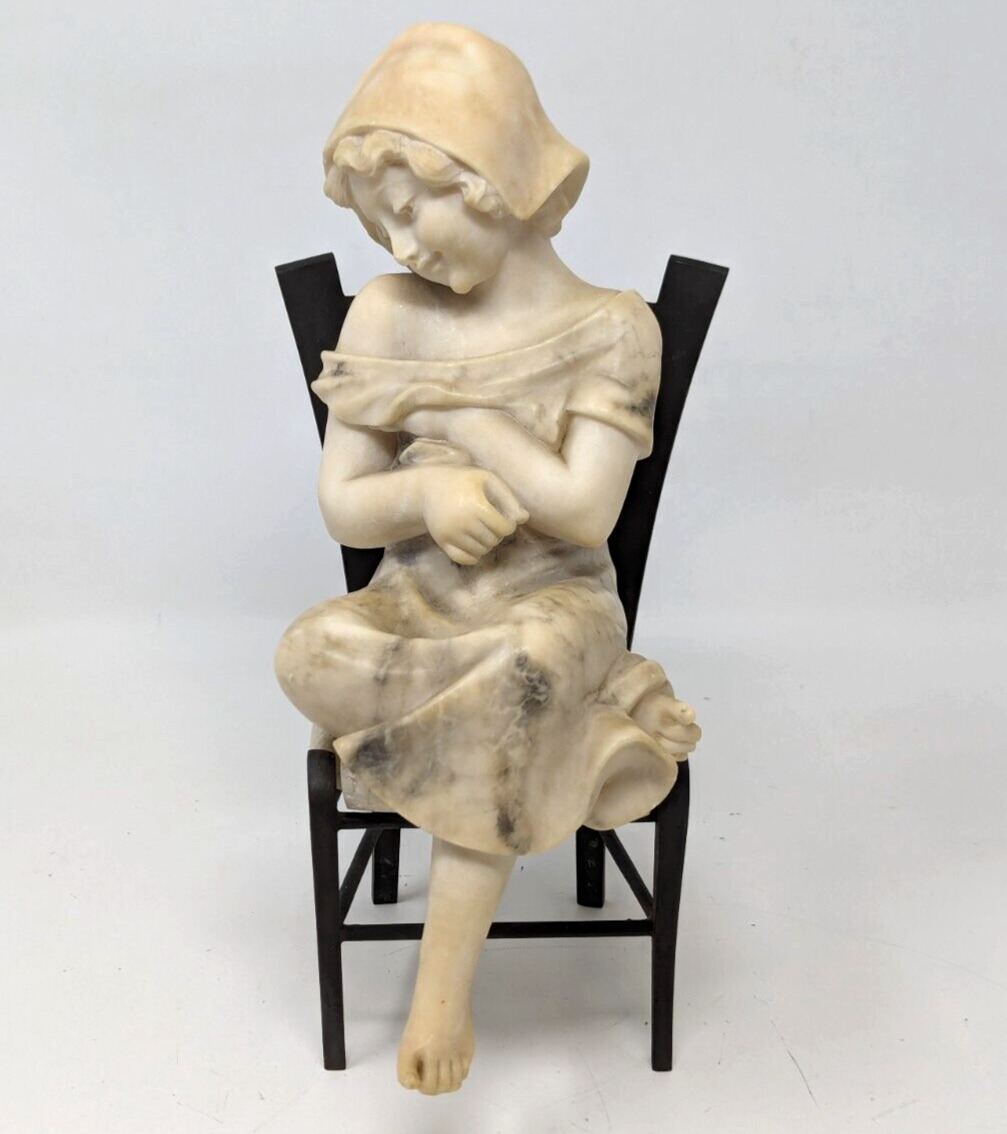 Antique Italian Marble Alabaster Bronze Girl Child on Chair Sculpture Italy HR21